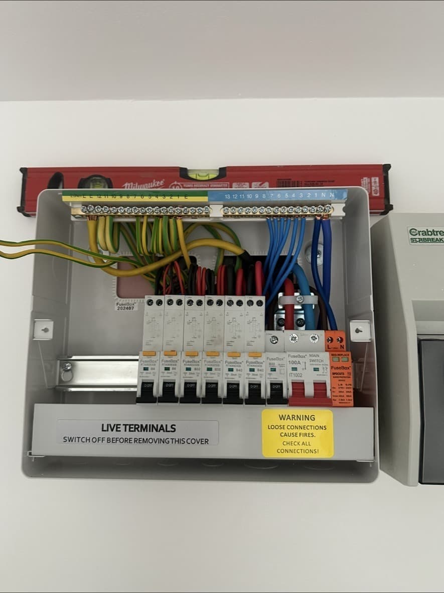 Circuit breaker panel installation with live terminals warning label