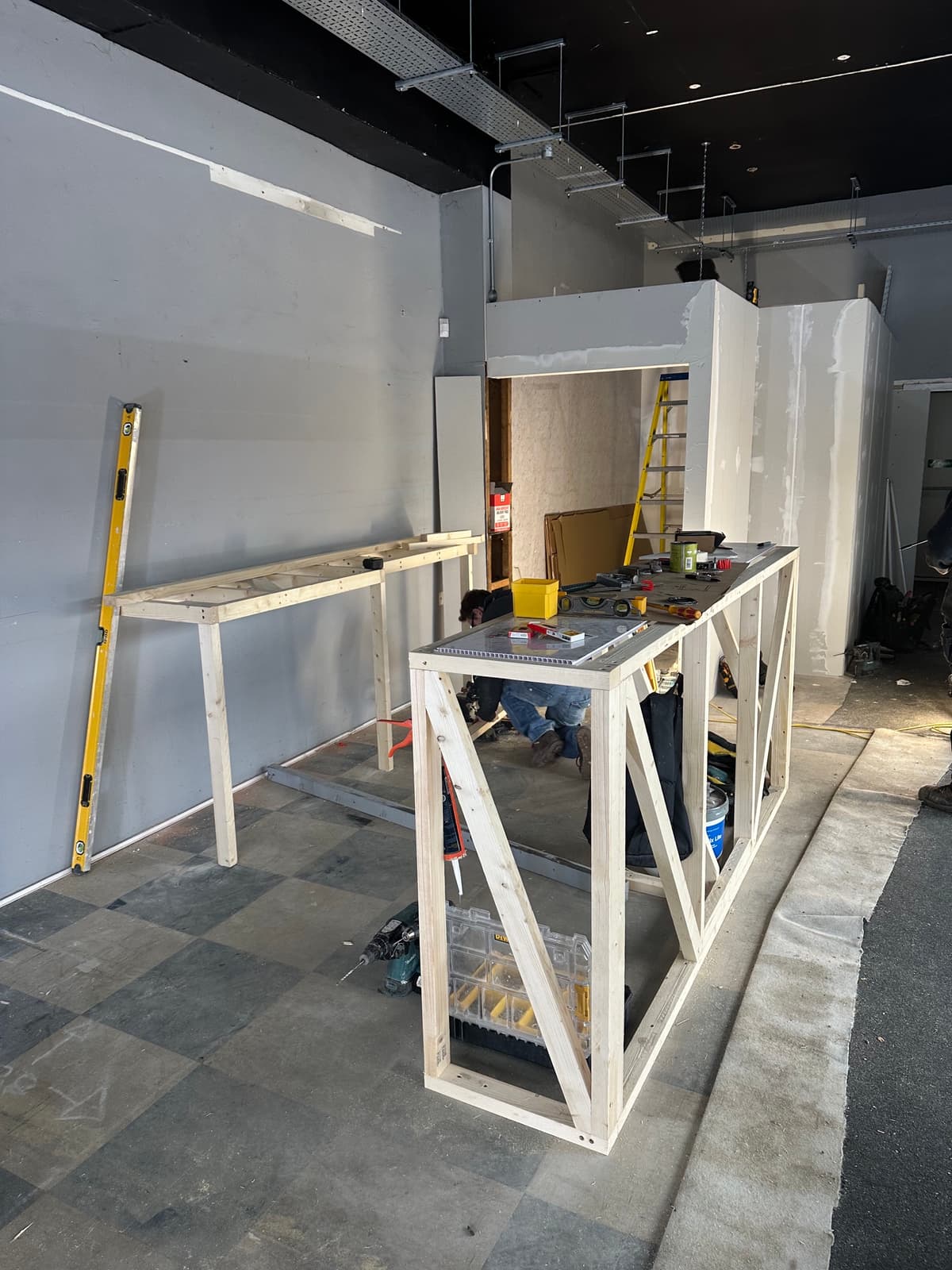 Timber framing being built out during the fit-out